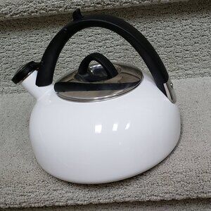White enamel tea kettle